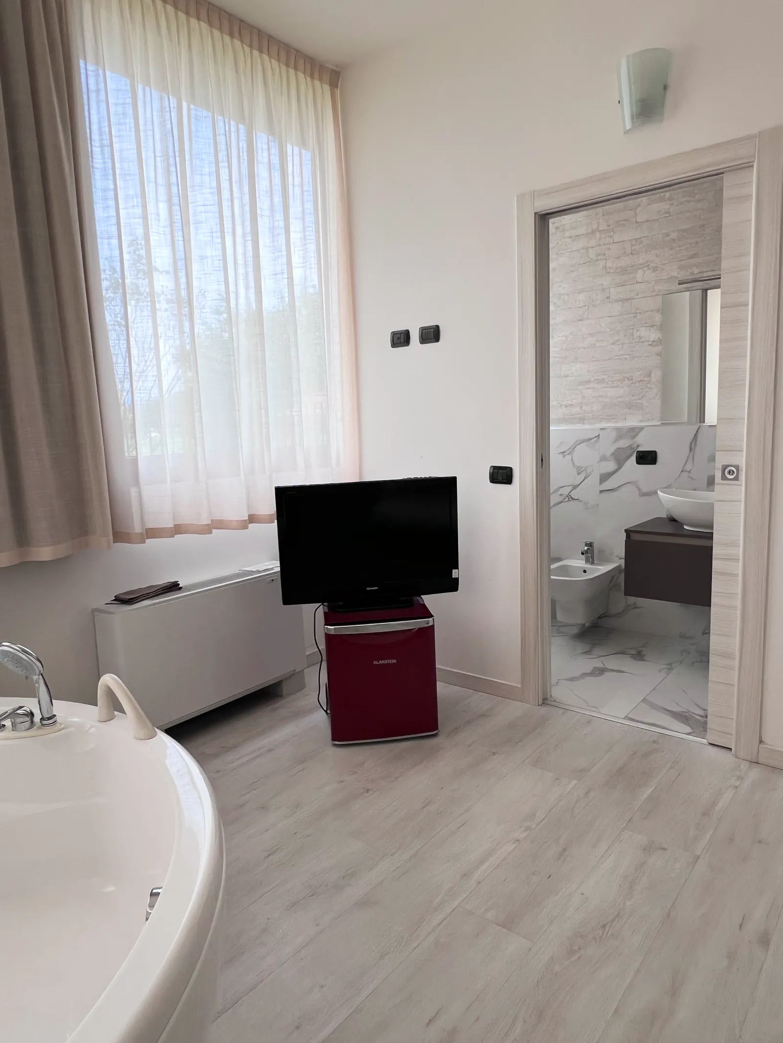 Smart TV and retro mini fridge